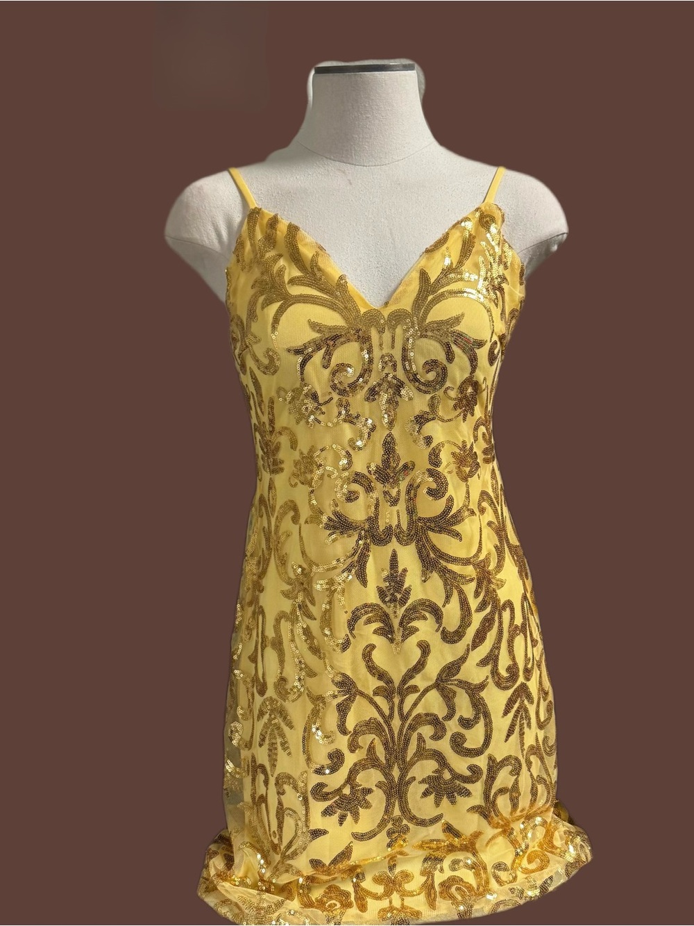 Gold Sequin Yellow Mini Dress with Spaghetti Straps